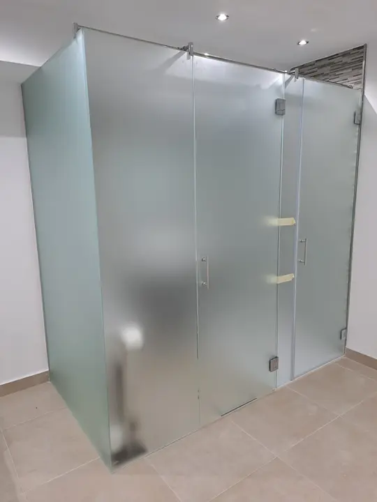 Frosted glass shower enclosure in a bedroom