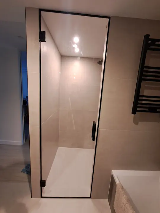 Glass shower door with a black profile